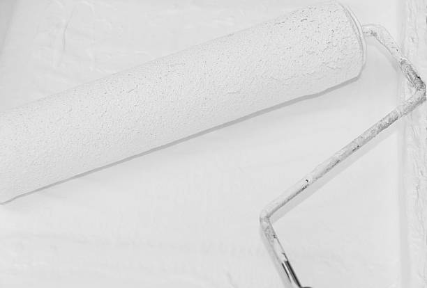 istock B&W of paint roller with handle in tray. 463086393