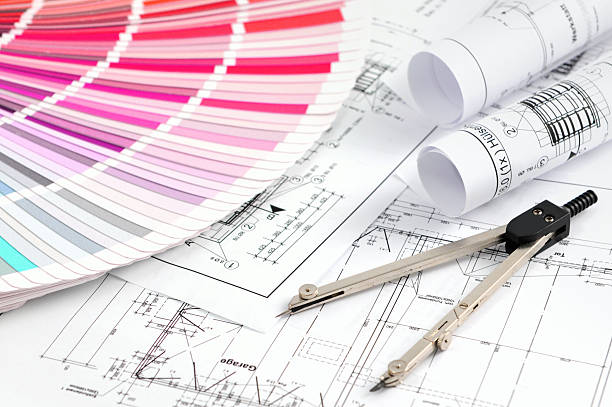 istock Color Swatch for home improvement with blueprints and drawing compass 463090641