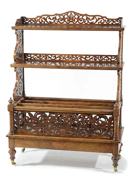 English 19th century Victorian burl walnut canterbury/etagere with shelves and storage bins.  On a white background.