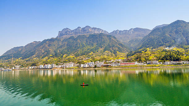 Panorama, Town of Sandouping - Yichang, China Panoramic view of the town of Sandouping by the Yangtze river, downstream from the Three Gorges Dam, Yichang, Hubei, China. three gorges photos stock pictures, royalty-free photos & images