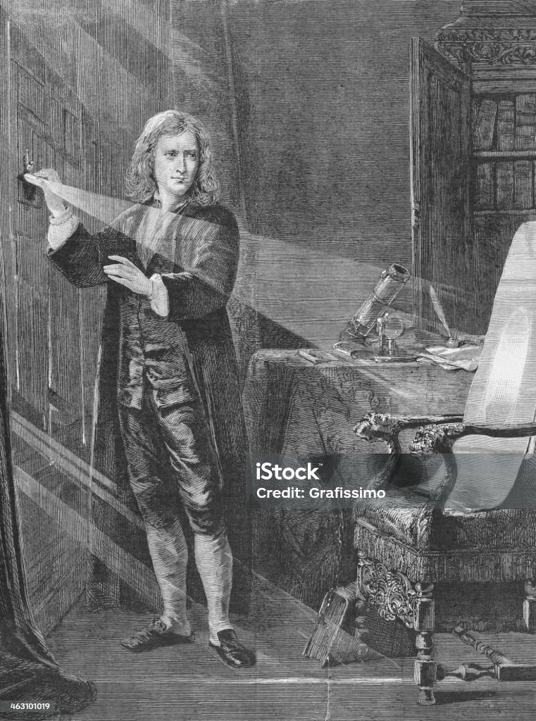 Engraving of physicist Isaac Newton from 1881 http://farm5.static.flickr.com/4110/4948325162_1323a54a89.jpg Sir Isaac Newton - Physicist stock illustration