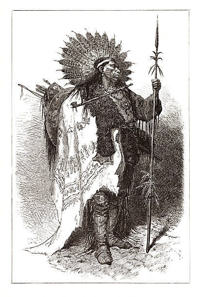 원어 칠레식 wampanoag 추장 메트로폴리스 1877 - native american north american tribal culture tribal chief headdress stock illustrations