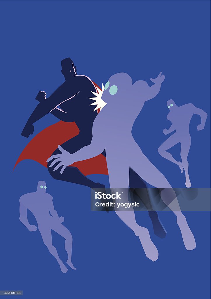 Superhero Punches Silhouette A silhouette illustration of a superhero fighting against bad guys in the air. Easy to edit. Fighting stock vector
