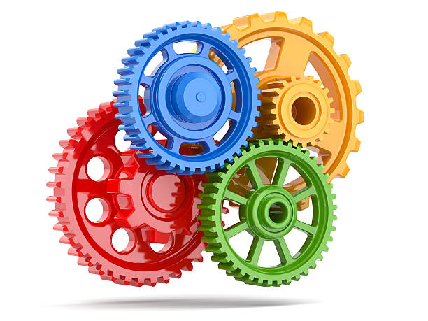 istock Perpetuum mobile. Color gears on white isolated background. 463104079