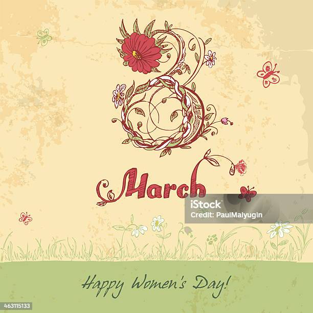 Womens Day March 8 Vintage Card Stock Illustration - Download Image Now - Animal Markings, Backgrounds, Butterfly - Insect