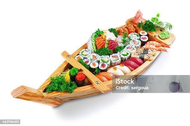 Collection Of Species Sushi On The Decorative Plate Ship Stock Photo - Download Image Now