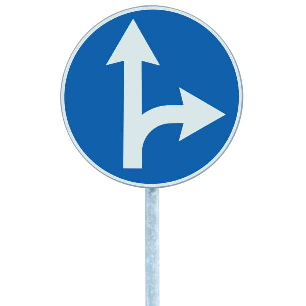 istock Mandatory straight right turn ahead, traffic lane route direction sign 463116593