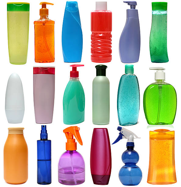 Set of colored plastic soap and beauty product bottles stock photo