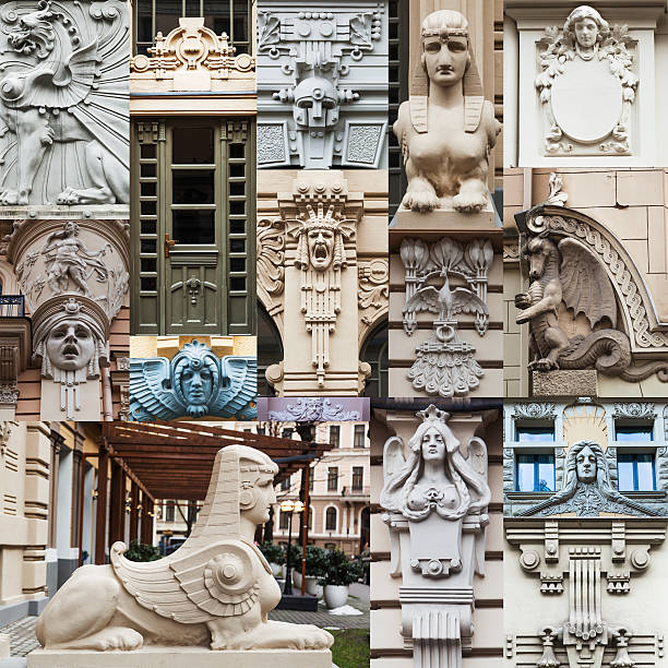collage of architectural elements in art nouveau style in the old town of Riga, Latvia