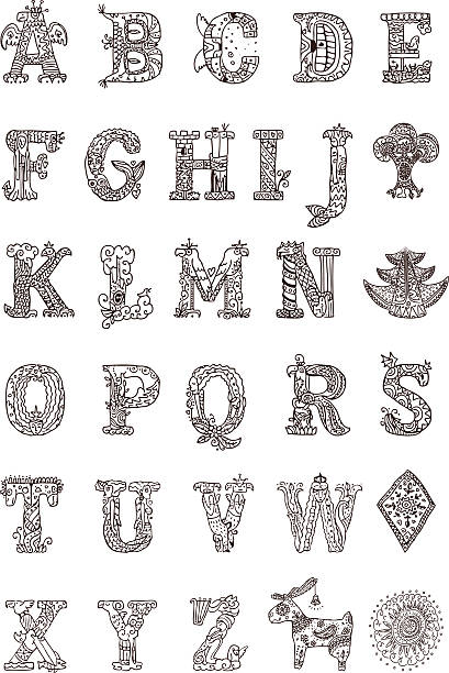 hand drawn indisches alphabet - medieval illuminated letter stock-grafiken, -clipart, -cartoons und -symbole