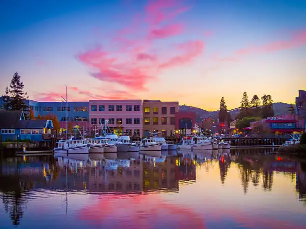 Yachts berth in the Petaluma River turning basin under an autumn sunset