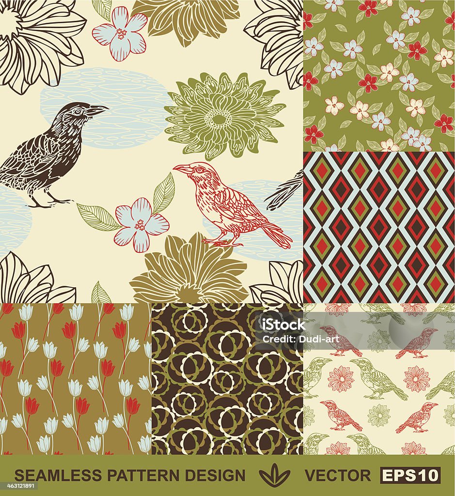 retro style abstract light floral background with birds Abstract birds backgrounds set, graphic flowers vector wallpapers, seamless patterns, fabrics and wrappings with geometric ornaments; summer, spring and autumn theme decoration and design Abstract stock vector