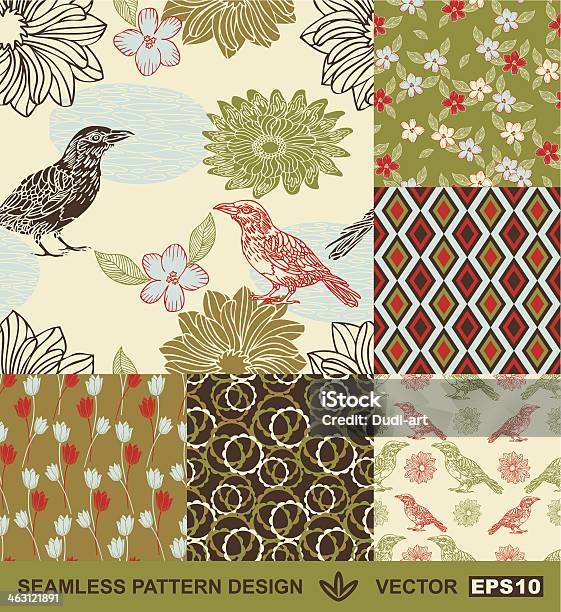 Retro Style Abstract Light Floral Background With Birds Stock Illustration - Download Image Now