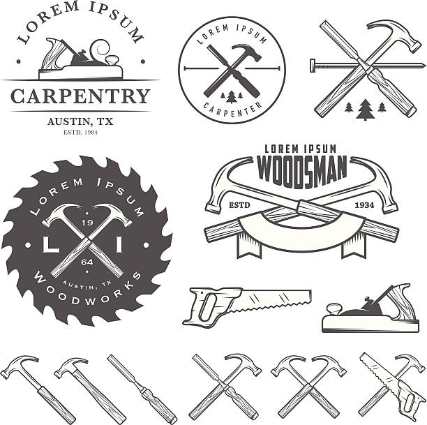 ilustraciones, imágenes clip art, dibujos animados e iconos de stock de conjunto de vintage etiquetas y elementos de carpintería herramienta - garlopa