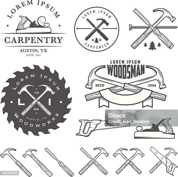 Set Of Vintage Carpentry Tool Elements And Labels Stock Illustration - Download Image Now - Hammer, Carpenter, Work Tool