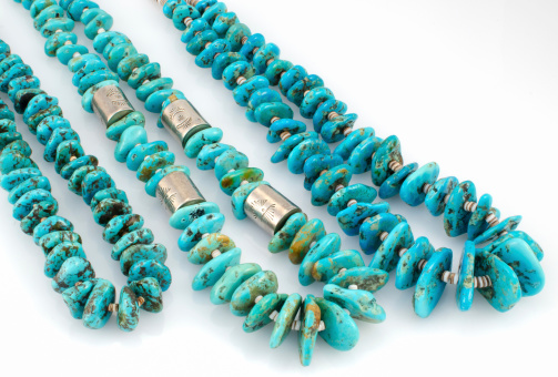 Native American Navajo Turquoise Nugget and Silver and Heishi Necklaces. Polished turquoise center drilled nuggets provide the focus of these necklaces. Heishi shell beads and silver beads are spaced between the nuggets, adding interest to the over-all design. 