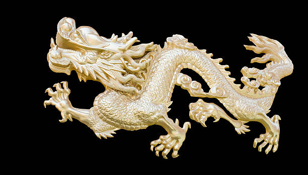 istock Golden Chinese Dragon carve isolate black background with clippi 463141259
