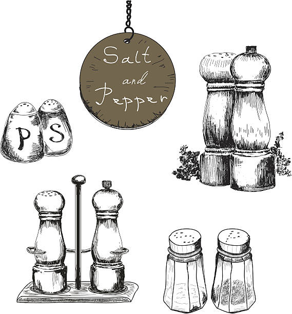 Black and white hand drawn salt and pepper shakers Salt and pepper. Set of vector hand drawn illustrations salt and pepper shaker stock illustrations
