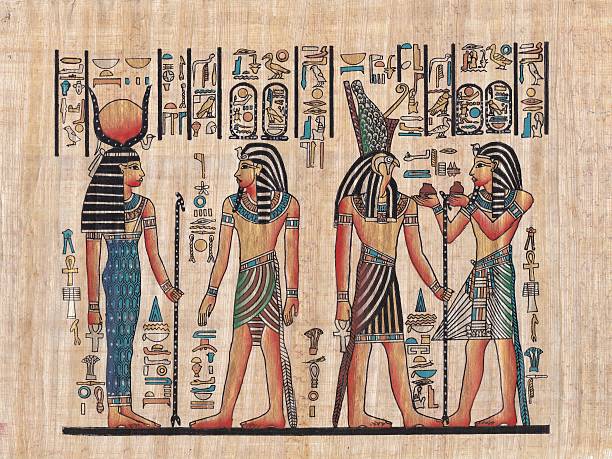 Original egyptian papyrus Scene from egyptian mythology painted on papyrus pharaoh photos stock pictures, royalty-free photos & images