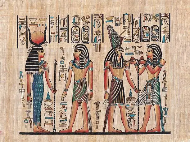 Scene from egyptian mythology painted on papyrus