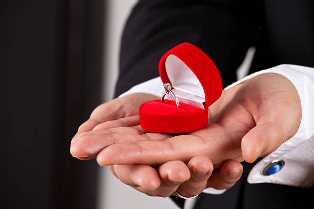 istock Man in suit holding engagement ring 463157831