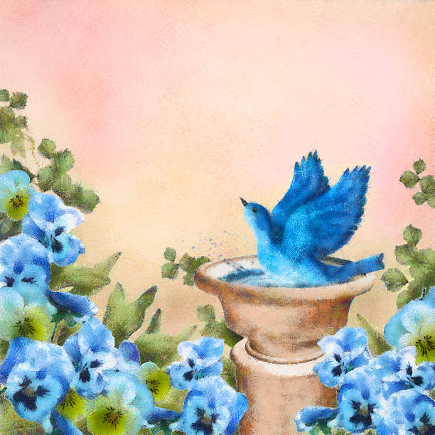 stockillustraties, clipart, cartoons en iconen met pastel drawing blue bird in bath and pansy flowers - bird water bath garden