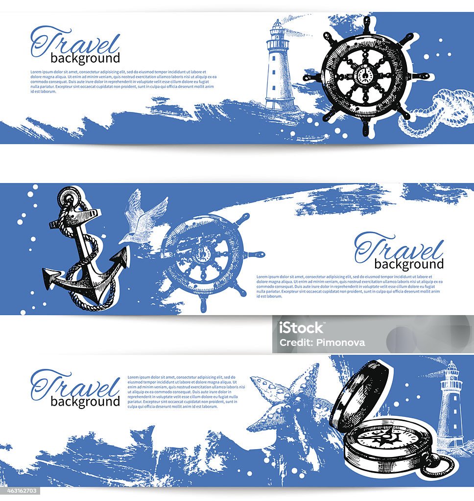 Banner set of travel vintage backgrounds Sea nautical design. Hand drawn illustrations Seagull stock vector