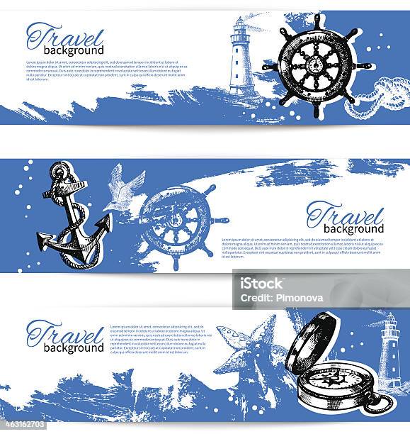 Banner Set Of Travel Vintage Backgrounds Stock Illustration - Download Image Now - Seagull, Anchor - Vessel Part, Blob