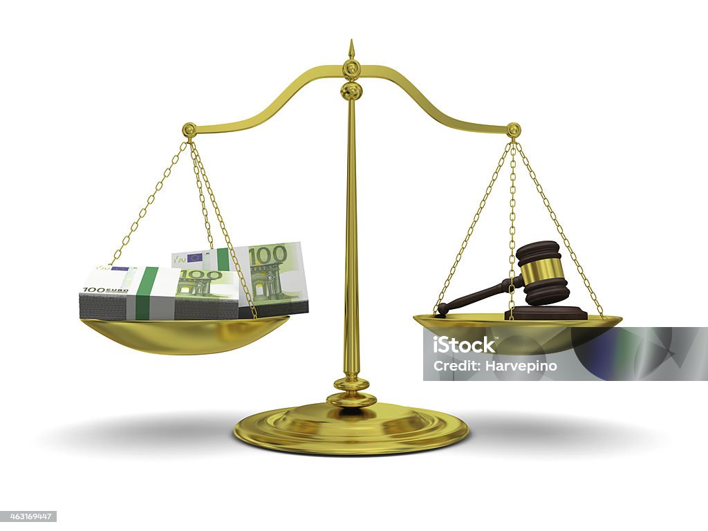 Profit versus justice Concept of profits versus justice, with golden scale isolated on white background Euro Symbol Stock Photo