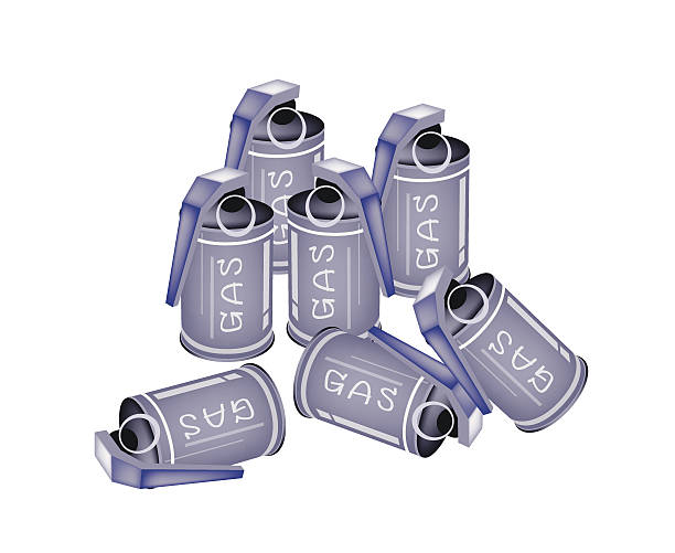 Stack of Tear Gas Grenades on White Background Illustration of A Group of Tear Gas Hand Grenade Canisters for Riot Police Officer Isolate on A White Background. tear gas stock illustrations