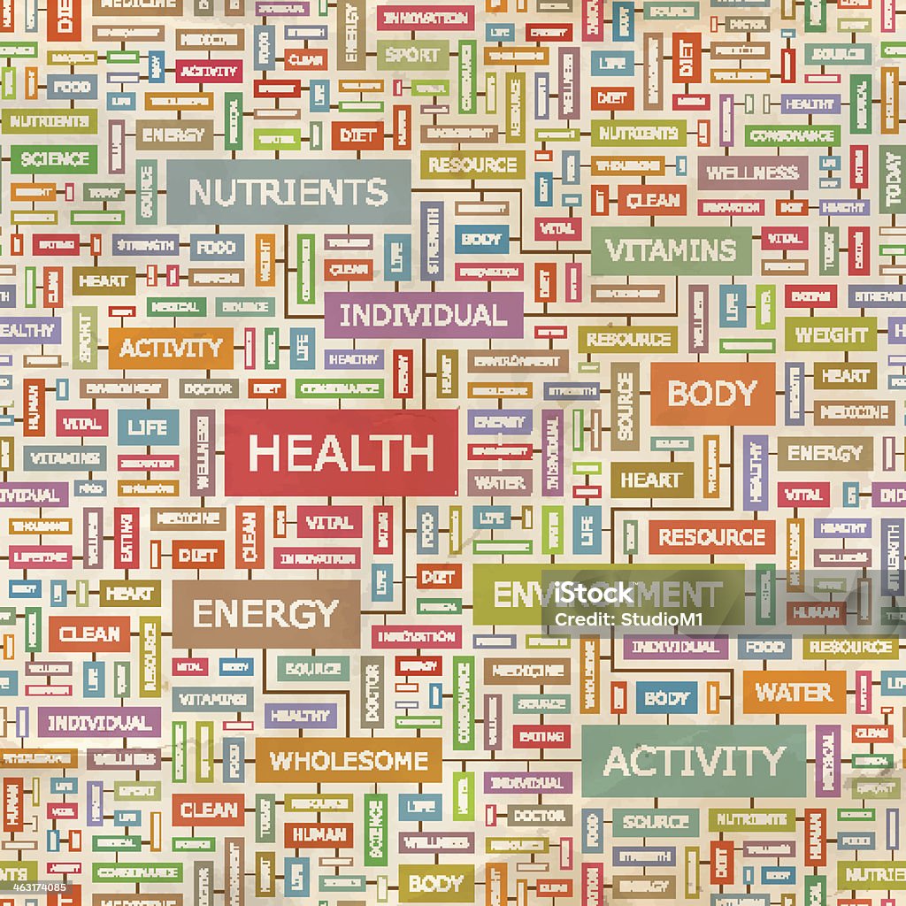 HEALTH HEALTH. Seamless pattern. Concept related words in tag cloud. Conceptual info-text graphic. Word collage. Healthy Lifestyle stock vector