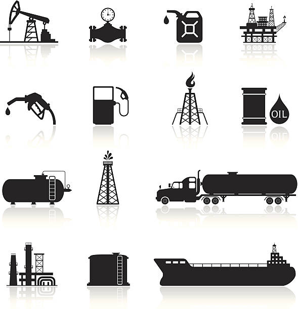 нефть и бензин промышленности икона set - fuel tanker transportation symbol mode of transport stock illustrations