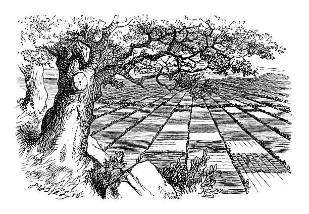 Alice through the looking glass Vintage engraving of a scene from Alice through the looking glass - The chessboard land john tenniel stock illustrations