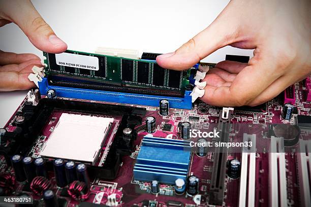 Man Installing Memory Pc Motherboard Ram Upgrade Stock Photo - Download Image Now - Repairing, Slot Machine, Arrangement