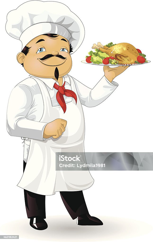 the cook the chief the cook of restaurant who holds a dish with a magnificent chicken on an outstretched arm Adult stock vector