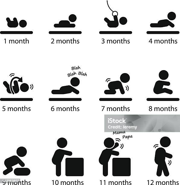 Vetores de Bebê Estágios De Desenvolvimento De Marcos Primeiro Um Ano e mais imagens de Bebê