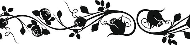 Horizontal seamless vignette with rose buds. Vector illustration. Vector horizontal seamless vignette with silhouettes of rose buds on a white background. black and white rose stock illustrations