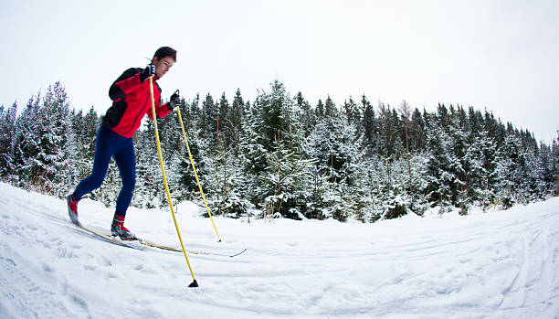 istock Young man skiing on a snowy forest trail 463190571