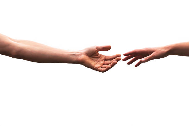 istock Male and female hands reaches out, white background, copy space 463196965