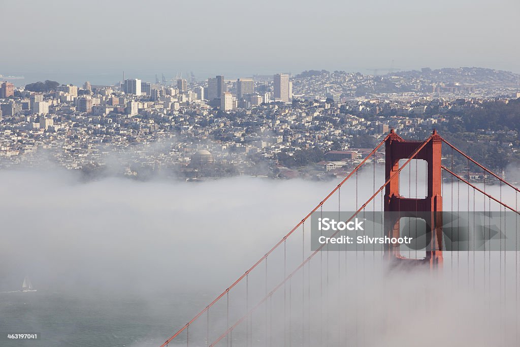 Golden Gate with fog and San Francisco in background A typical sunny day in the city, with fog flowing through the Golden Gate, and the Bridge poking out the top of it. Architecture Stock Photo