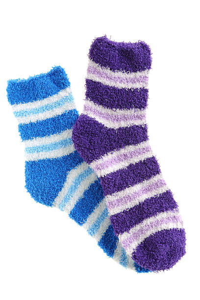 Pair of striped purple and blue socks isolated on white background