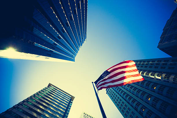 istock Financial District Skyscrapers and American Flag 463198561