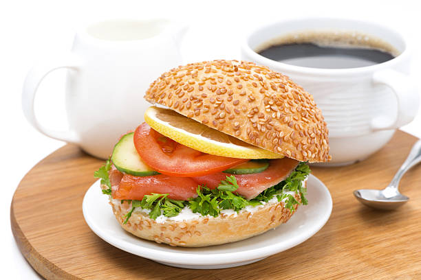 istock breakfast - burger with smoked salmon, vegetables, coffee 463198953