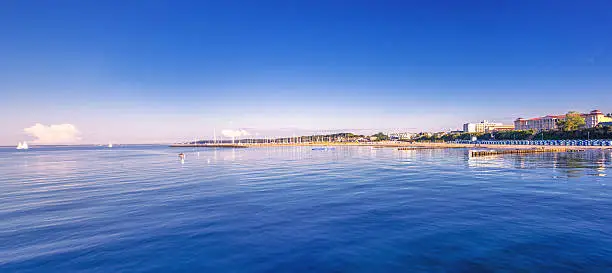 Panoramic view on the Eastern beach, promenade and port of Kühlungsborn, Ostsee (Baltic Sea), Germany