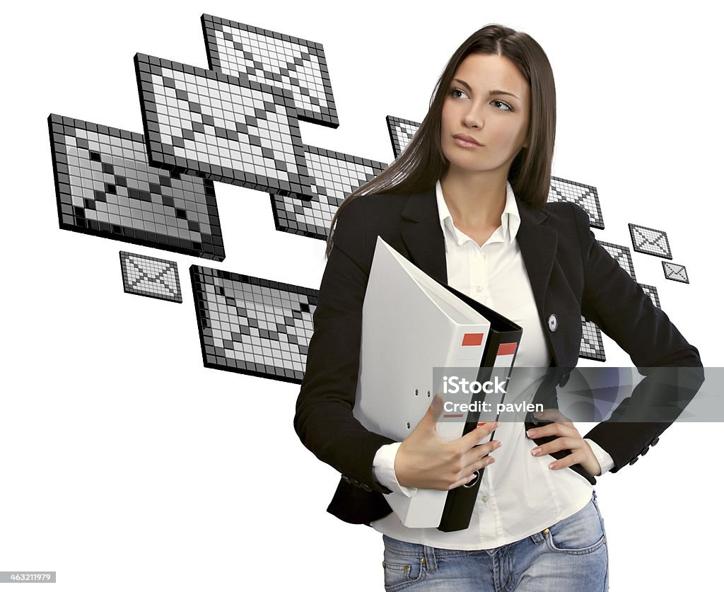 Mail Woman looking at mail icons. Isolated on white. Adult Stock Photo