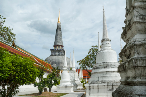 Stupas At Wat Phra Mahathat In Nakhon Si Thammarat. The Oldest Wat In The South Of Thailand, Over 1500 Years Old.