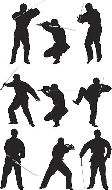 Vector illustration of Kung Fu man holding a sword