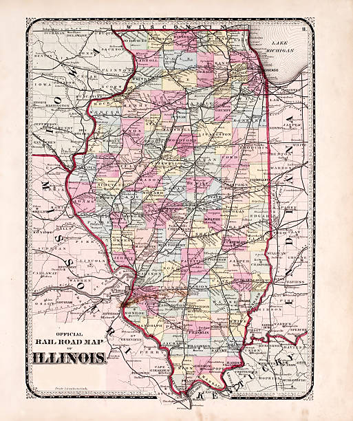 Illinois Railroad Map Illinois Railroad Map from 1870. Public domain map with minor digital enhancements. Vintage ephemera. 1870 stock pictures, royalty-free photos & images