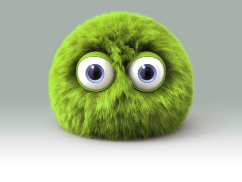 Furry green cartoon spherical monster character. Digitally generated 3D image. Isoilated on gradient background which can be easily expanded.