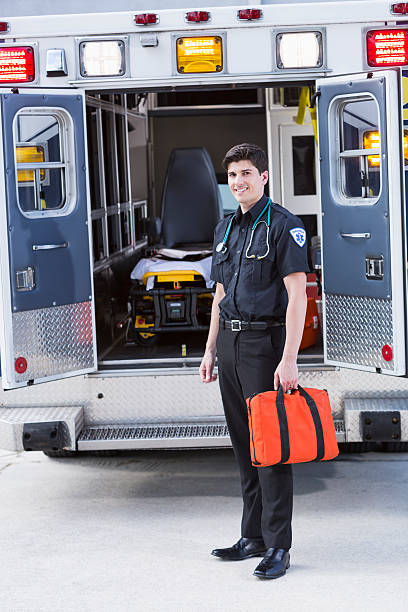 istock Paramedic standing by ambulance 463226485